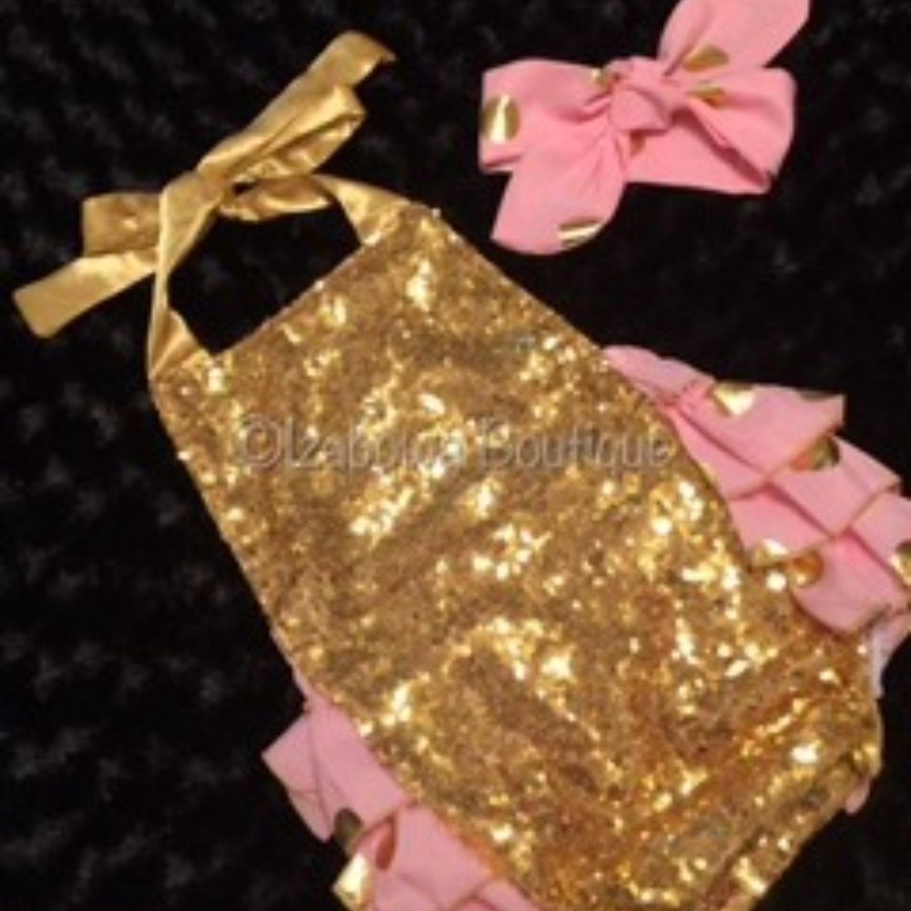 Gold Sequin & Pink Polka Dot Bubble Romper - Picture 1 of 2